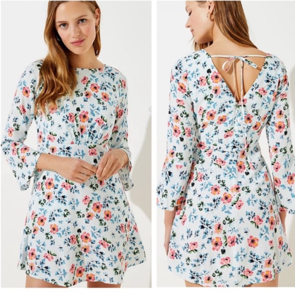 Loft floral bell sleeve tie back dress size 6